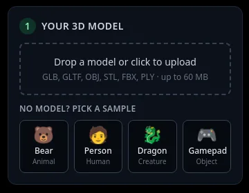 The upload box of the studio listing GLB, GLTF, OBJ, STL, FBX, PLY up to 60 MB, with four sample models below