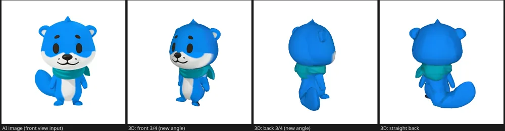 A bear model textured blue by Auto texture, seen from the front, a three-quarter angle, the back and the straight back