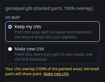 The UV map choice for the gamepad model with Keep my UVs selected and a yellow warning that the UVs overlap 100% of the painted area, with a Make new UVs link