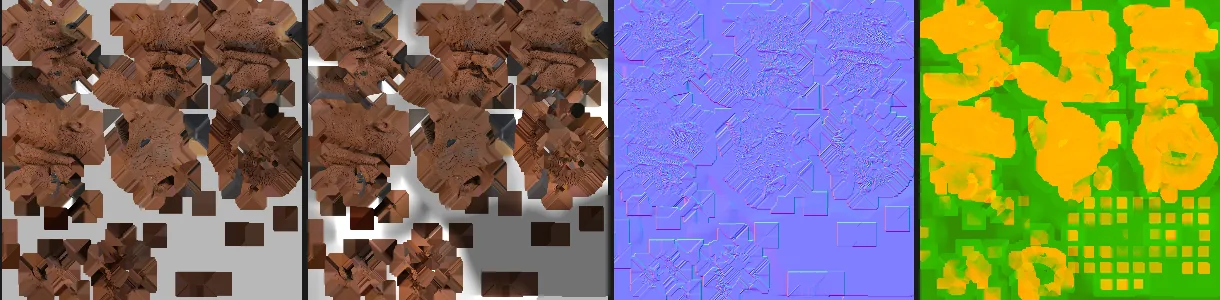 Four texture maps of the bear side by side: the painted colour, the colour with lighting removed, the normal map and the ORM map