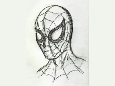 A pencil sketch of a masked head with a web pattern on white paper