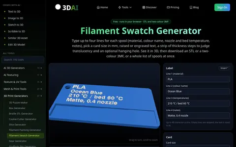 Filament Swatch Generator page