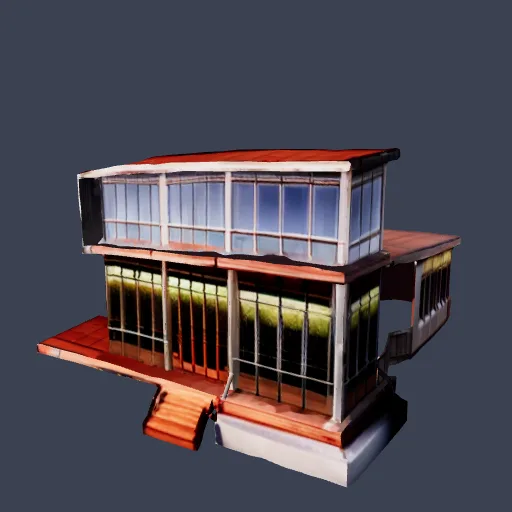 Modern glass house with a wooden deck, 3D model made from a sketch