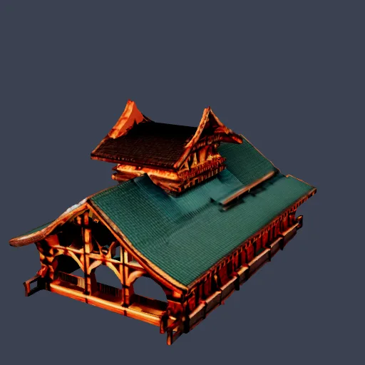 Wooden chalet with a green roof, 3D model made from a sketch