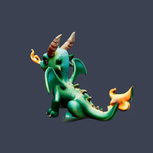 Green dragon toy breathing fire, AI-made 3D model you can print