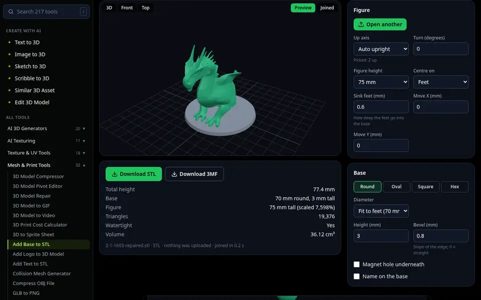 Add Base to STL screenshot: add a base so it stands on an AI-made dragon model