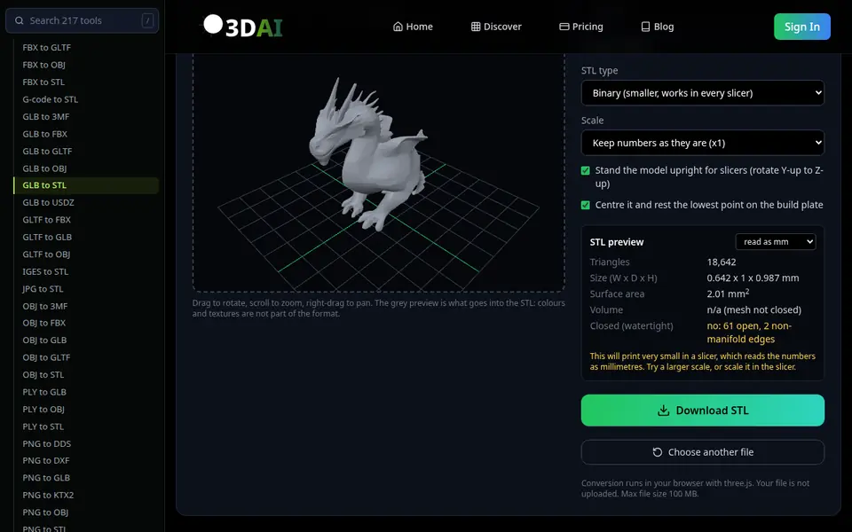GLB to STL screenshot: turn it into an stl and set the size on an AI-made dragon model
