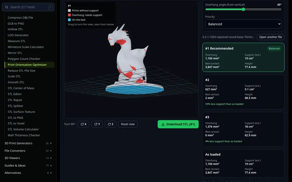 Print Orientation Optimizer screenshot: pick the best way up on an AI-made dragon model