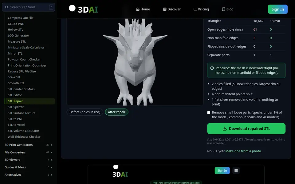 STL Repair screenshot: repair holes on an AI-made dragon model