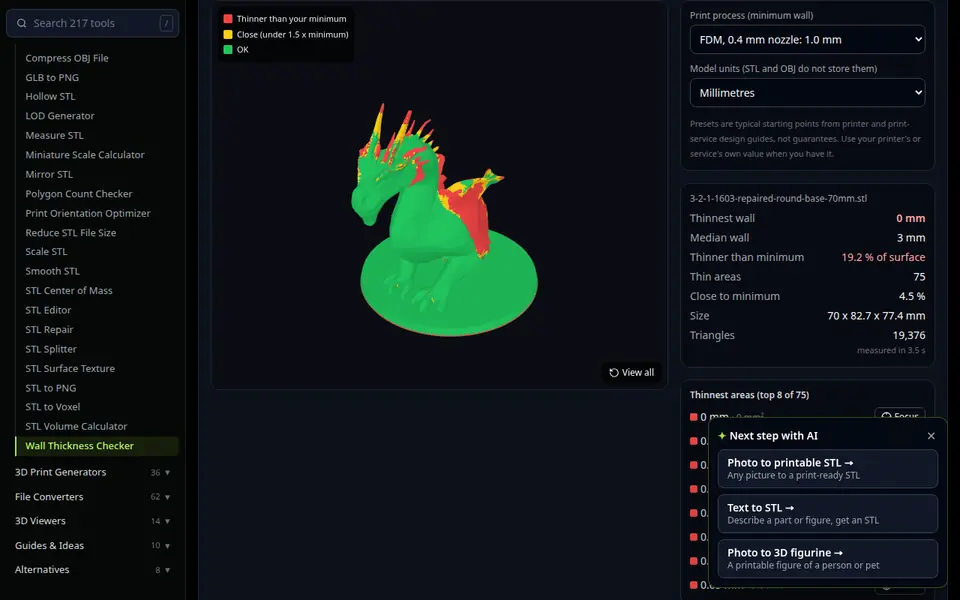 Wall Thickness Checker screenshot: check thin parts on an AI-made dragon model